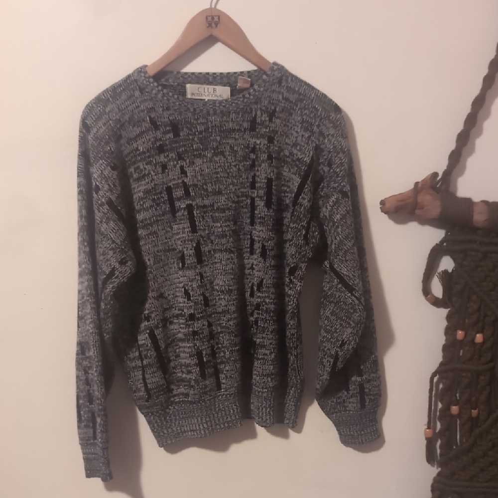 Club Room Black & Gray Textured Geometric 90s Dad Knit Pullover